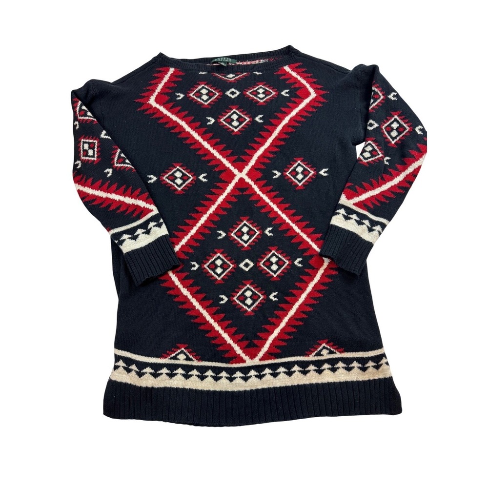 Lauren Ralph Lauren Womens Sweater Dress Geometric Print Navy Red Size M